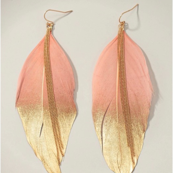 Feather Earrings Women Dangle Drop Bohemian Pink Gold Statement - Picture 3 of 3